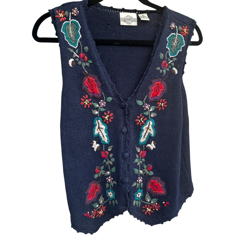 Denim Republic‎ Vtg Crochet Vest Blue Sleeveless Cottagecore Knit Boho Sz M